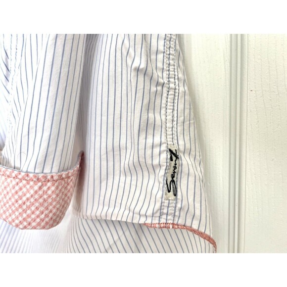 Seven 7  For All Mankind High Low Button Down Shirt Blue White Striped Small - Picture 2 of 6